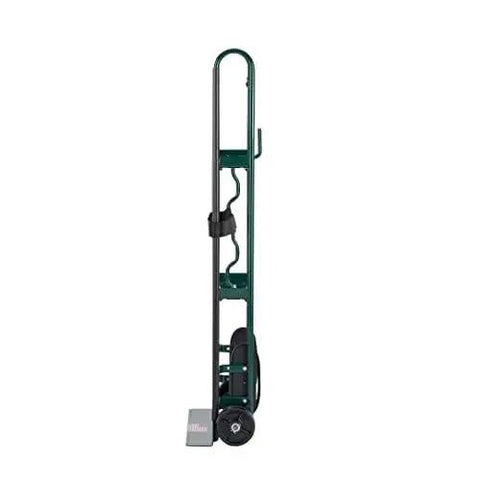 Side view of Appliance Hand Truck 800 Lb Capacity With Industrial Strap Dark Green, showing steel frame and stair climbers.