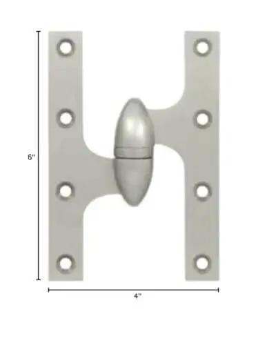 6 Inch 4 Inch Solid Brass Olive Wood Knuckle Hinge Left Hand Satin Nickel Finish, front view showing dimensions and design.