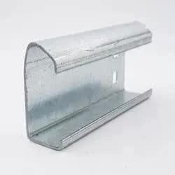 Close-up of galvanized steel component from Pair Of Heavy Duty Vertical Track Rails For 8 Foot Garage Doors, 76 Or 88 Inch Length Options, Made In USA From Durable US Steel