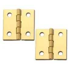 Solid Brass Miniature Broad Hinge 1 Inch Long By 1 Inch Open Two Pair Per Pack Stanley Hardware For Small Boxes Jewelry Cases Tiny Cabinets And DIY Projects image showing two brass hinges with four screw holes each.