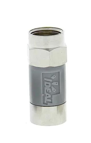 Front view of a Nickel Push On F Connector from 4 Pack Ideal Industries TLC Design No Compression Tool Required For All Cable And Satellite TV Installations One Quarter Inch By One Quarter Inch Cable Preparation 360 Degree Retention Over Forty Pounds And Broad Compatibility, showcasing its nickel finish and tool-less design.