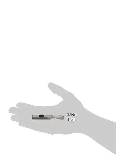 Heavy Duty Pro Grade HSS End Mill 2 Flute Regular Length For Metalworking One Half Inch Shank Three Inch Overall Length Uncoated Finish Right Hand Cut shown in hand for scale