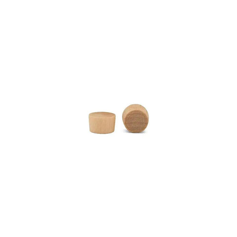 Front view of Two Three Eighths Inch Maple Flat Head Wood Plugs for Furniture Screw Hole Covers with Flush Finish for woodworking projects.