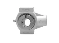 Front view of 1-1/2 in Take-Up Single Row Ball Bearing Unit with Kanigen Accu-Loc White Polymer Housing, showing concentric collar lock.