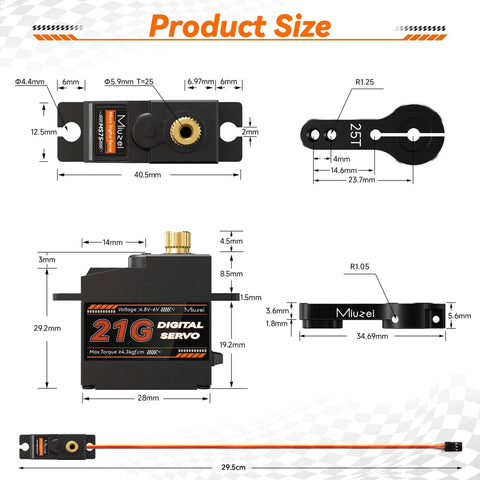 Product size diagram of 21G Micro Servo Motor Metal Geared Mini Digital Servo Kit with 25T Horn for 1/14 1/16 RC Car Robot Helicopte (1)