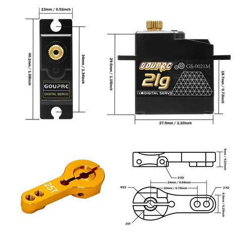 21G Micro Mini Digital Servo of Metal Gears with 25T Servo Horn for 1/14 1/16 RC Crawler Car Upgrade Servo Parts Model Boat Airplane Robot (1PC) showing dimensions and design detail.