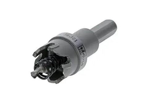 Close-up of TKO Carbide Tipped Hole Cutter from 4 Piece Set with Smooth Start Pilot Bit for metal and stainless steel.