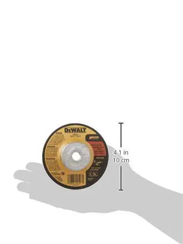 Premium General Purpose Metal Grinding Wheel For 4 1/2 Inch Discs 4 1/2 Inch By 1/4 Inch By 5/8 Inch With Aluminum Oxide Grain For Long Life And Aggressive Material Removal, Dewalt Quality shown in a hand for size scale, highlighting dimensions and packaging.