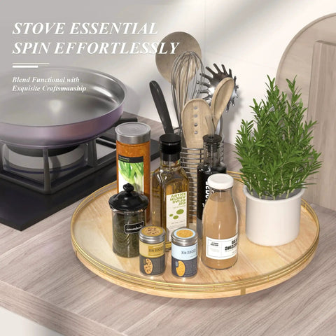Extra Large 21 Inch Wooden Lazy Susan Turntable With Premium Oak And Iron Construction holding spices and utensils in a kitchen setting