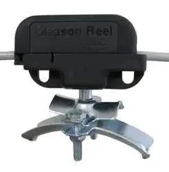 Front view of Festoon Cable Hose Carrier Trolley 3/16 to 3/8 OD 15 lb Capacity Nylon Wheel, showing metal clamp and cable guide.