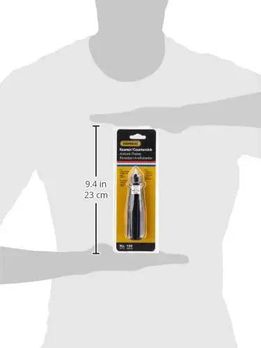 Packaging of Compact Three Quarters Inch Hand Reamer And Countersink for deburring holes in wood, brass, and plastic, shown with dimensions.