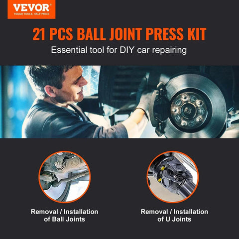 Person using 21 pcs Ball Joint Press Kit for DIY car repair on disc brake, removal and installation of ball joints and U joints shown.