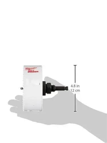 Ice Hardened Hole Saw Kit With 28 Pieces For All Purpose Tough Cuts Built In USA For Up To 50 Percent Longer Life Thanks To Matrix II Bi Metal Teeth And Positive Rake For Fast Cutting Radiused Tooth Back Reducing Tooth Stress side view in hand