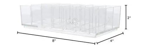 18-Section Drawer Organizer In Industrial Grade Clear Acrylic For Jewelry Makeup Cosmetics Craft Supplies And Office Essentials Durable Stash Tray For Vanity Desk And Drawers Made In USA 4 By 8 By 2 Inches side view