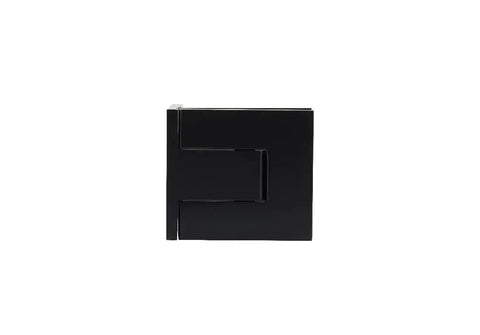 Front view of Palermo Matte Black Adjustable Wall Mount Offset Back Plate Hinge for Glass Doors Fits Three Eighths Inch And One Half Inch Glass