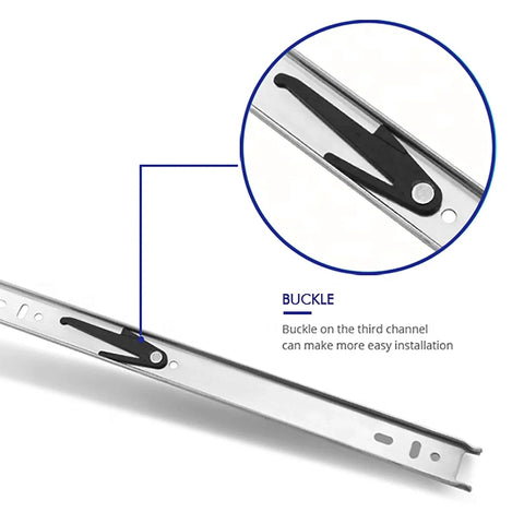 Close-up of 10 Pairs of 22 Inch Hardware 3-Section Full Extension Ball Bearing Side Mount Drawer Slides, 100 LB Capacity, showing buckle feature.