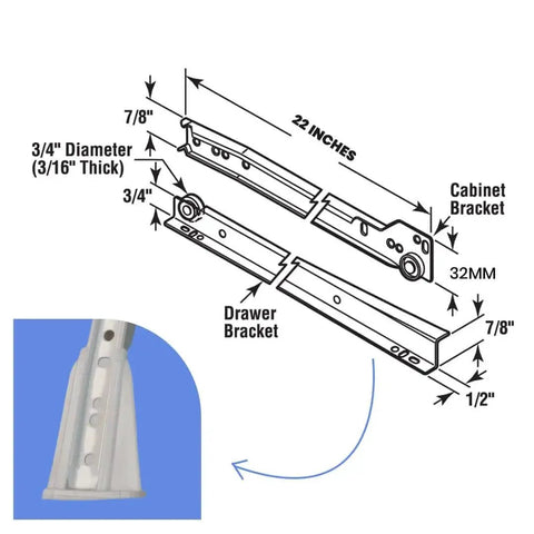 Diagram of 22 Inch Euro Drawer Slides Pack of 8 for Face Frame and Frameless Cabinets with detailed measurements and brackets shown.