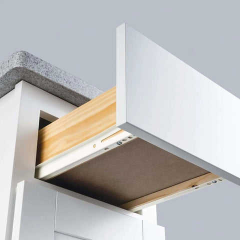 22 Inch Euro Drawer Slides Pack of 8 for Face Frame and Frameless Cabinets, view of slide installed in wooden drawer.