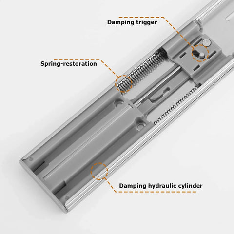 Close-up of Soft Close Drawer Slides 22 Inch Side Mount Heavy Duty Cabinet Drawer Glides 10 Pairs showing damping trigger and components.