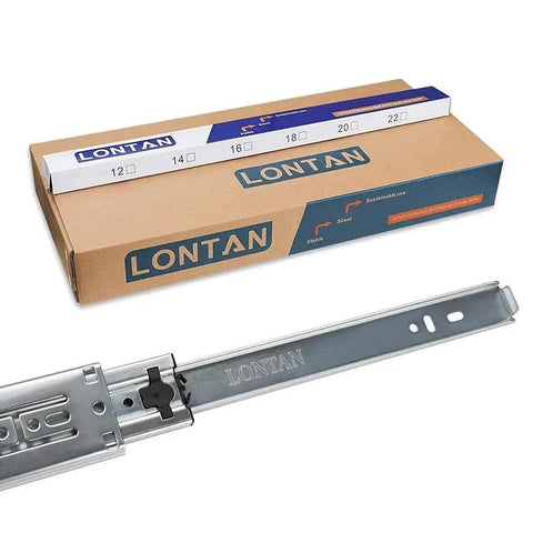 22 Inch Side Mount Soft Close Drawer Slides With Full Extension Three Fold Ball Bearing Drawer Glides 100 Pound Capacity pictured in box