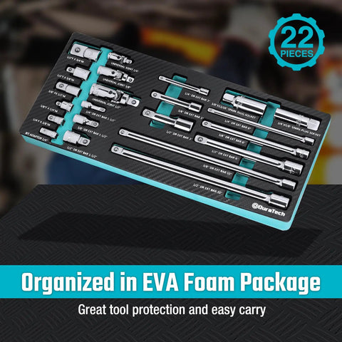 22 Piece Drive Tool Accessory Set With One Quarter Inch, Three Eighths Inch, And One Half Inch Extension Bars Spark Plug Sockets Universal Joints Socket Adapters And Cr V Steel Tools In An EVA Foam Case Built Tough For Pros on display