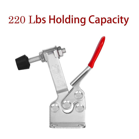 Beefy 220 Lbs Heavy Duty Toggle Clamp 201B with red handle, carbon steel with zinc finish, adjustable rubber tip for secure metal fixing.