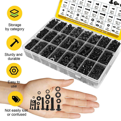 2200 Pcs Metric Screws Assortment Kit with M2 M3 M4 M5 Hex Socket Button Head Machine Screws Nuts and Washers on display