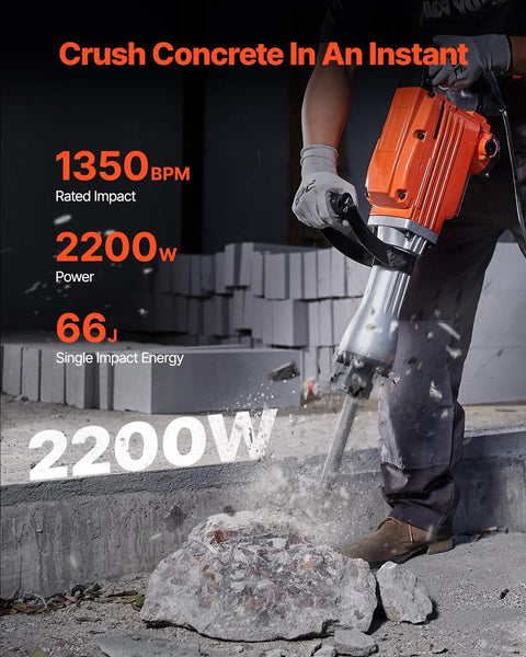 Heavy duty 2200W demolition jack hammer delivers powerful 66J impact energy and 1350 BPM for fast concrete breaking