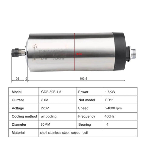 Beefy 1.5KW 220V CNC Spindle For High Power Milling And Routing, 80mm Air Cooled Body, Four Bearings, 24000 RPM, 400Hz, ER16 Collet