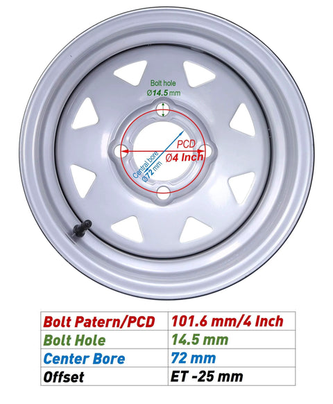 Image showing the silver wheel details of 225/35-12 Golf Cart Tire and Wheel Assembly Set of 2 with Silver Wheel, 4 Lugs on 4 inch PCD, ET-25.4 offset.
