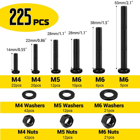 225 Pcs Screws and Nuts Assortment Kit with M4 M5 M6 Phillips Pan Head Bolts Matching Nuts and Washers Black Finish organized layout.