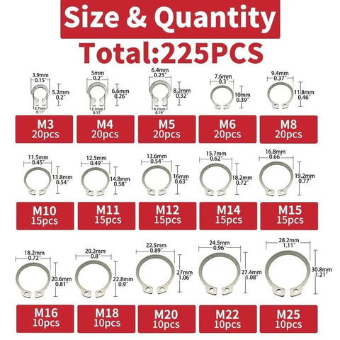 225 Piece External Retaining Ring Set 304 Stainless Steel Circlip Snap Ring Assortment Kit with 15 Sizes From M3 To M25 diagram