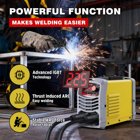 Portable 225Amp Stick Welder With 110V Inverter IGBT Tech Digital Display in use, welding metal with sparks, advanced features shown.