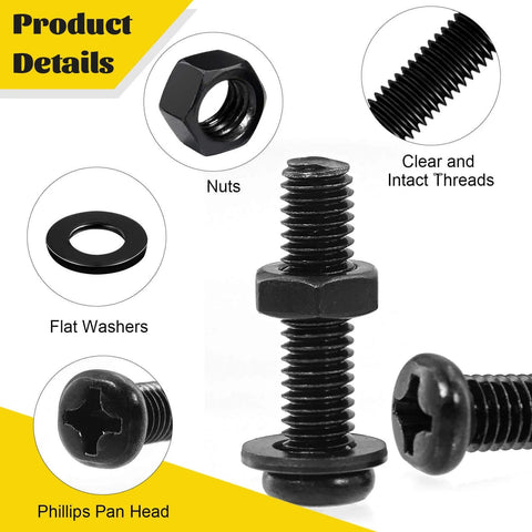 225 Pcs Screws and Nuts Assortment Kit with M4 M5 M6 Phillips Pan Head Bolts Matching Nuts and Washers Black Finish close-up of nuts and screws