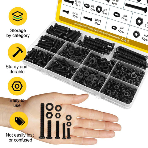 225 Pcs Screws and Nuts Assortment Kit with M4 M5 M6 Phillips Pan Head Bolts Matching Nuts and Washers Black Finish organized in a case