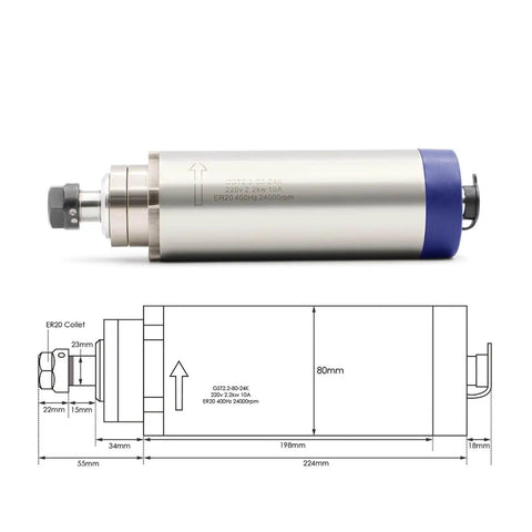 Air Cooled Spindle Motor 2.2KW ER20 With VFD Inverter 110V Aluminum Housing diagram