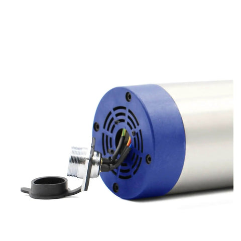 Close-up of Beefy 2.2KW ER20 Air Cooled Spindle Motor for Engraving and Milling with 80mm casing, blue end cap, and wiring