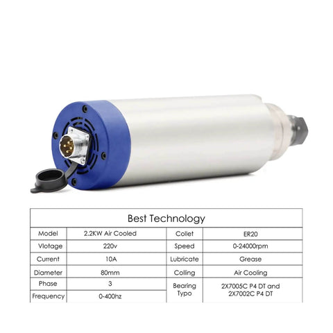 Beefy 2.2KW CNC Air Cooled Spindle Motor With ER20 Collet, Ceramic Ball Bearings shown with technical specifications.
