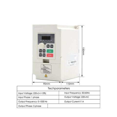 3-phase VFD Inverter for Beefy 2.2KW CNC Air Cooled Spindle Motor with dimensions 150mm x 90mm x 110mm.
