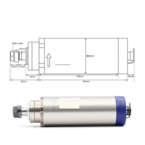 Beefy 2.2KW CNC Air Cooled Spindle Motor With ER20 Collet diagram and side view