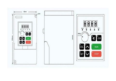 Diagram of 110V VFD inverter for 2.2KW ER20 Air Cooled Spindle Kit For CNC Mills with control buttons and measurements
