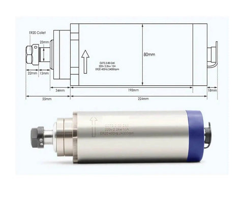 2.2KW ER20 Air Cooled Spindle Kit with 24000 RPM, 0.01mm runout, diagram and dimensions, CNC milling, 80mm bracket