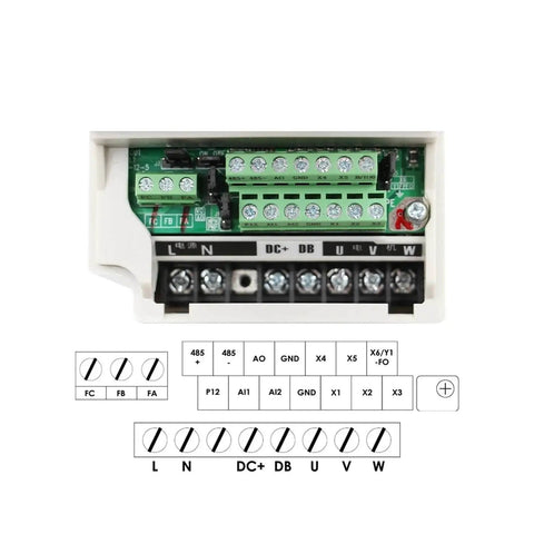 2.2KW ER20 Air Cooled Spindle Kit CNC Mills 110V VFD wiring diagram and connection interface, showcasing terminals and labeling for setup