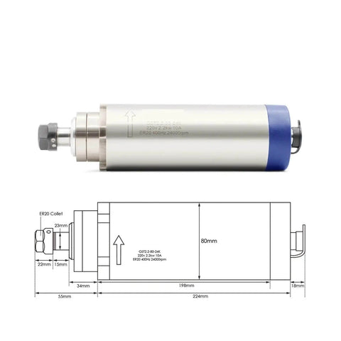 2.2KW ER20 Air Cooled Spindle Kit For CNC Mills With 24000 RPM 0.01mm Runout, diagram and side view, 80mm bracket, 110V VFD