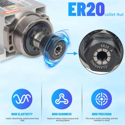 Beefy 2.2KW Air Cooled Spindle Motor 220V ER20 With Nut And Collet Included showcasing ER20 collet nut design.