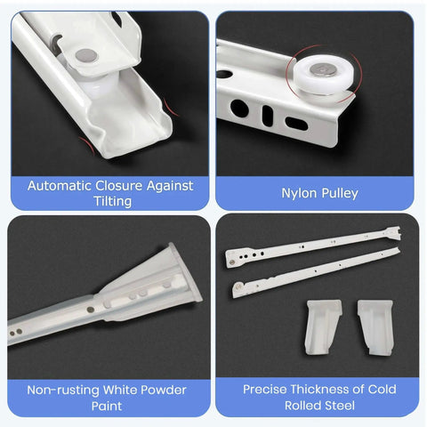 Close-up of 22 Inch Euro Drawer Slides Pack of 8 for Face Frame and Frameless Cabinets, showing nylon pulley and cold rolled steel.