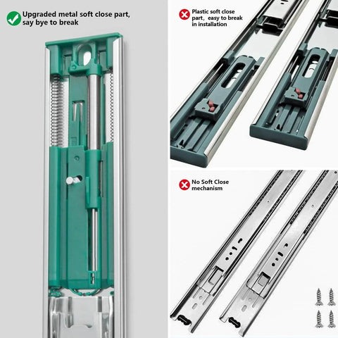 Diagram of 10 Pairs Soft Close Drawer Slides 22 Inch Heavy Duty Side Mount Dresser Cabinet Rails Metal Ball Bearing and comparison of soft close parts