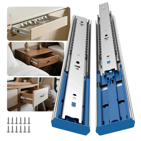 Soft Close Heavy Duty Drawer Slides 22 Inch, 10 Pairs 100lb Load Capacity, ball bearing, side mount rails, installed in drawers.