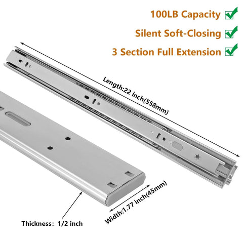 Soft Close Drawer Slides 22 Inch Side Mount Heavy Duty Cabinet Drawer Glides 10 Pairs - Ball Bearing Full Extension rails, 100 lb capacity