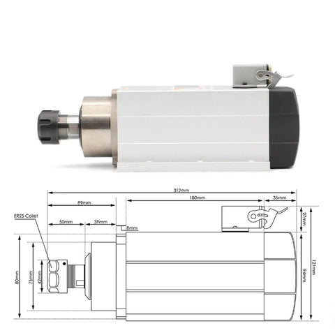 Side view of Beefy 2.2kW ER25 Air Cooled Spindle Motor 220V 380V Without Flange With Ceramic Ball Bearings for CNC machines with diagram